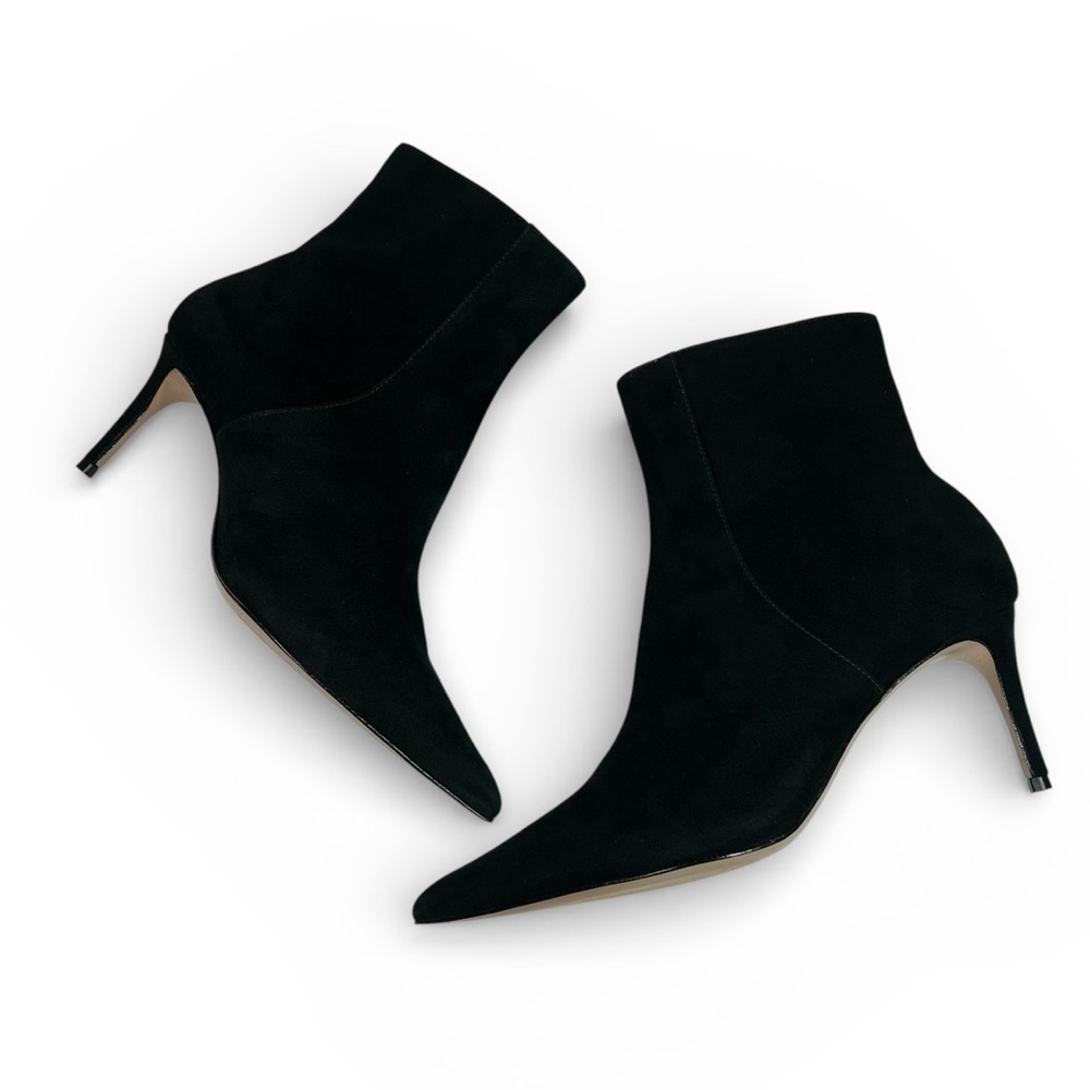 SCHUTZ Bette Black Suede Side Zipper Pointed Toe Heeled Ankle Boots Size 8.5